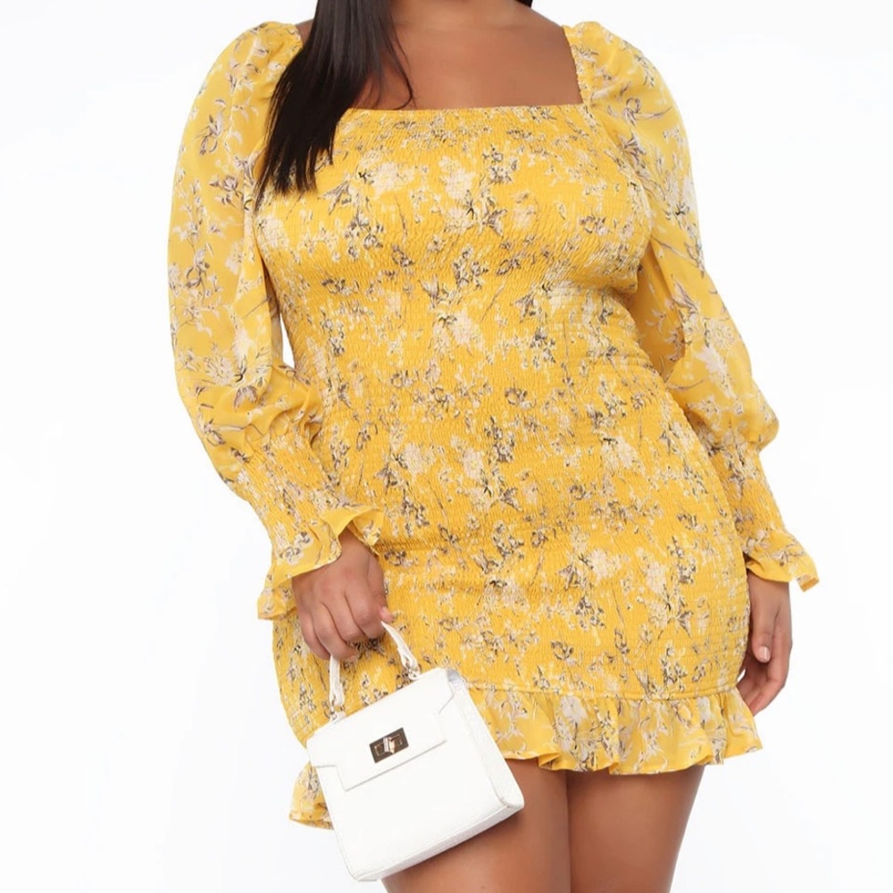 Smocked mini dress in mustard